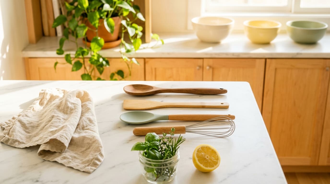 Wooden spoon, bamboo spatula, sage silicone spoon and a whisk laid out on a white marble countertop