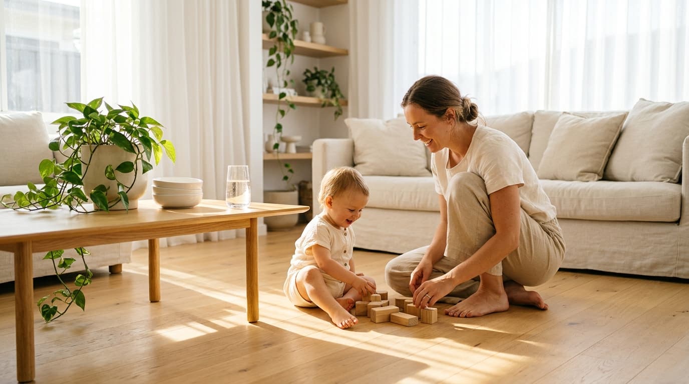 Barefoot mother playing with her toddler on pale floor planks in a bright living room