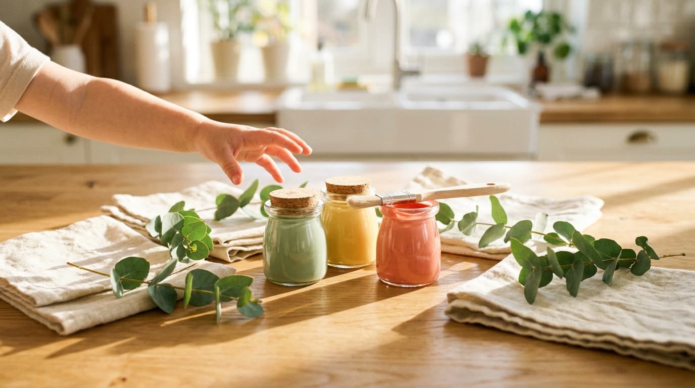 Glass jars of sage, yellow and coral fabric paint with linen swatches and a small brush on a kitchen table