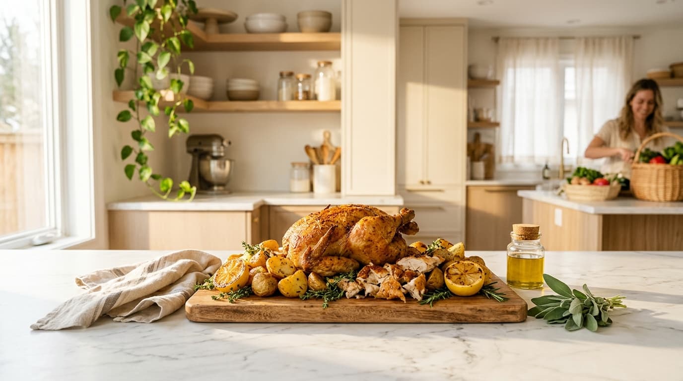 Wooden board with a roasted whole chicken, crispy rosemary potatoes and charred lemons on a marble counter