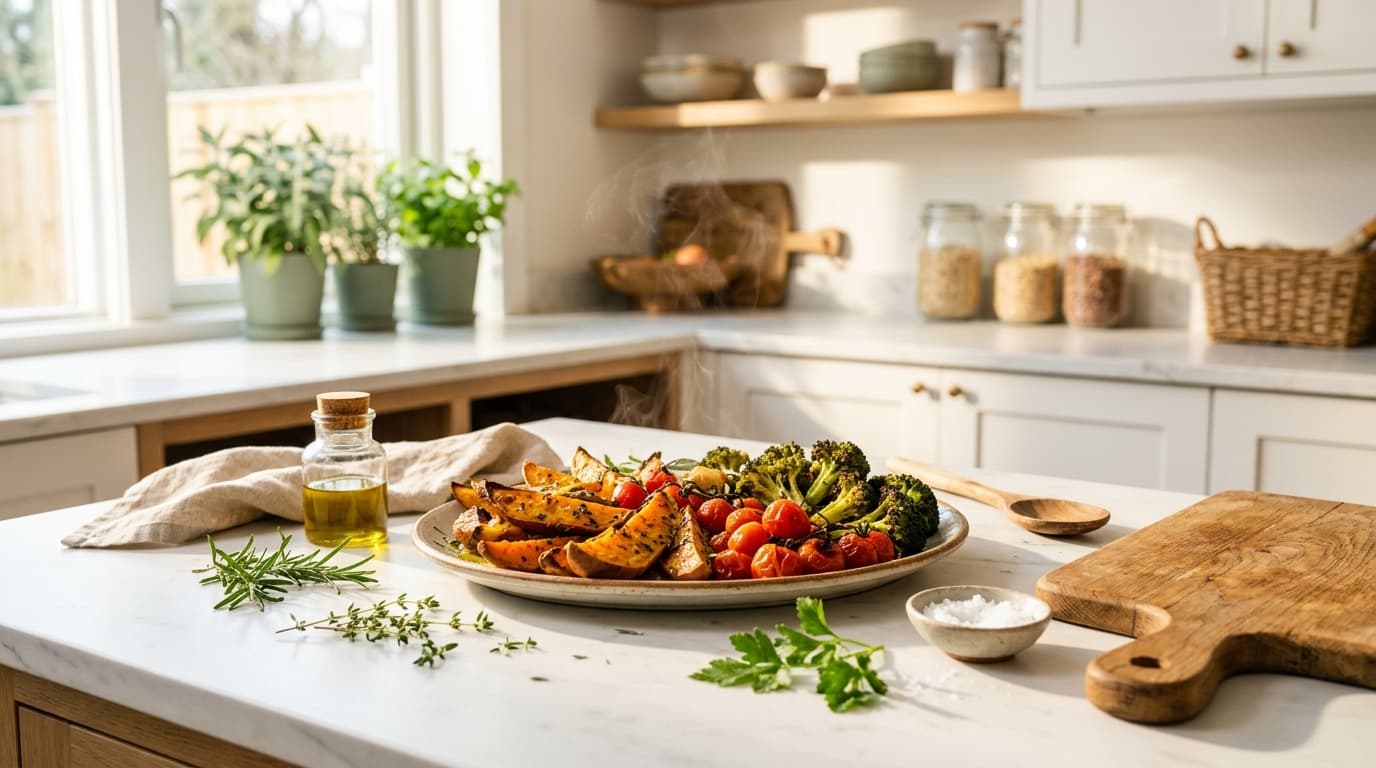 Roasted sweet potato wedges, cherry tomatoes and broccoli on a white marble surface in a sunlit kitchen