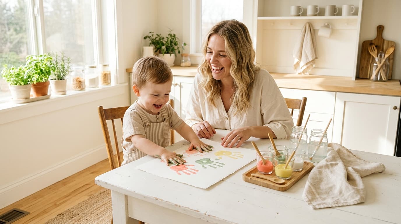Mother and child making painted handprints on white paper at a bright kitchen table