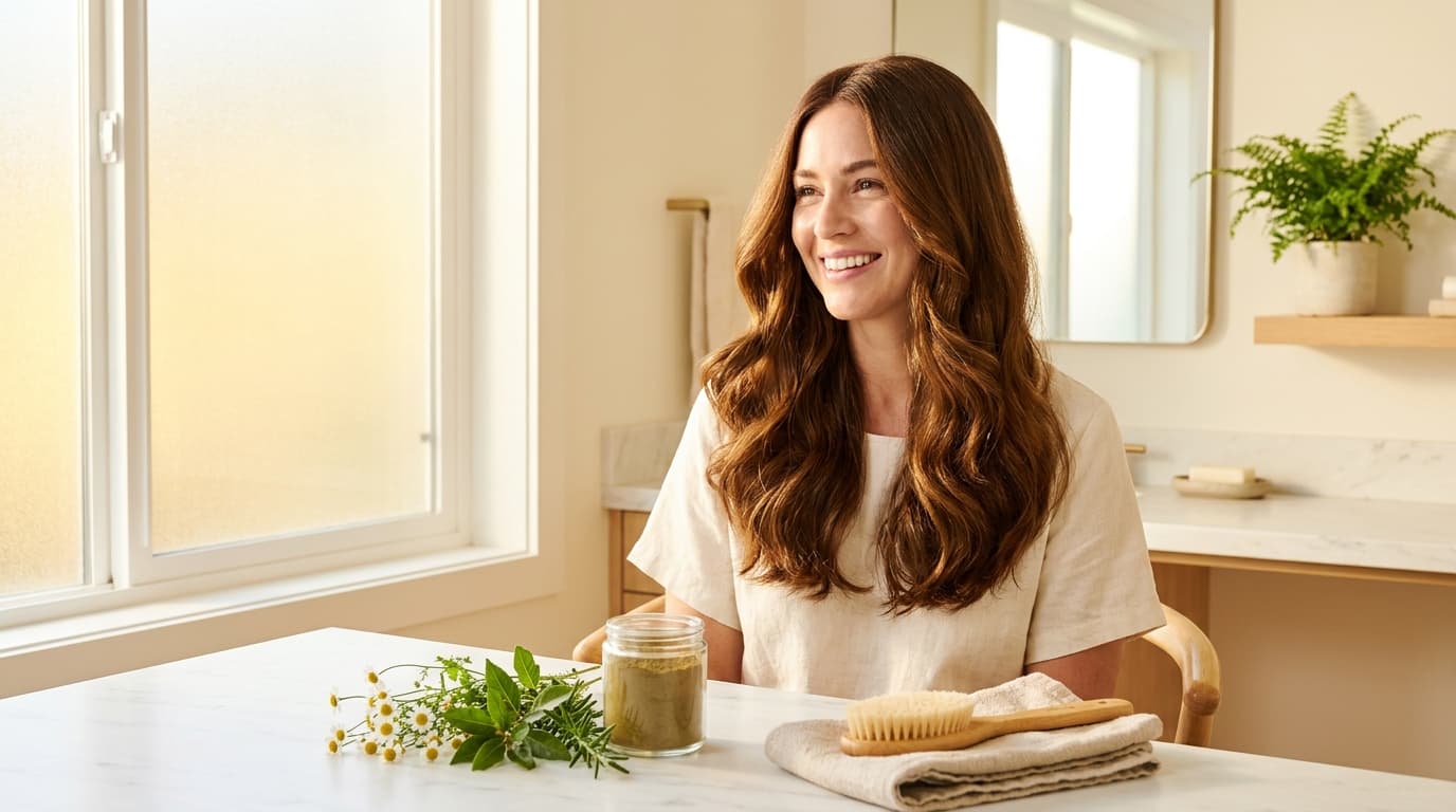 Woman with glossy colored hair at a sunlit vanity beside a jar of natural herbal hair color paste