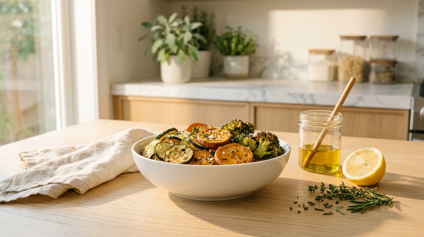 White ceramic bowl of air-fried zucchini, sweet potato and broccoli on a wood surface beside olive oil