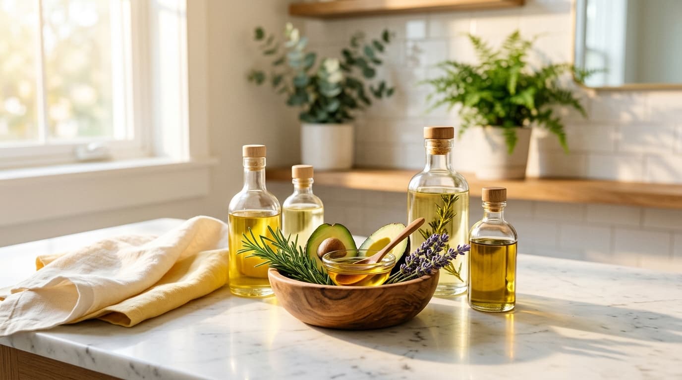 Glass bottles and a wooden bowl of natural hair care ingredients: rosemary, avocado, lavender and argan oil