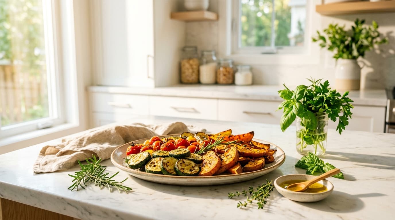 Platter of crispy roasted zucchini, sweet potato wedges and cherry tomatoes on a white marble counter