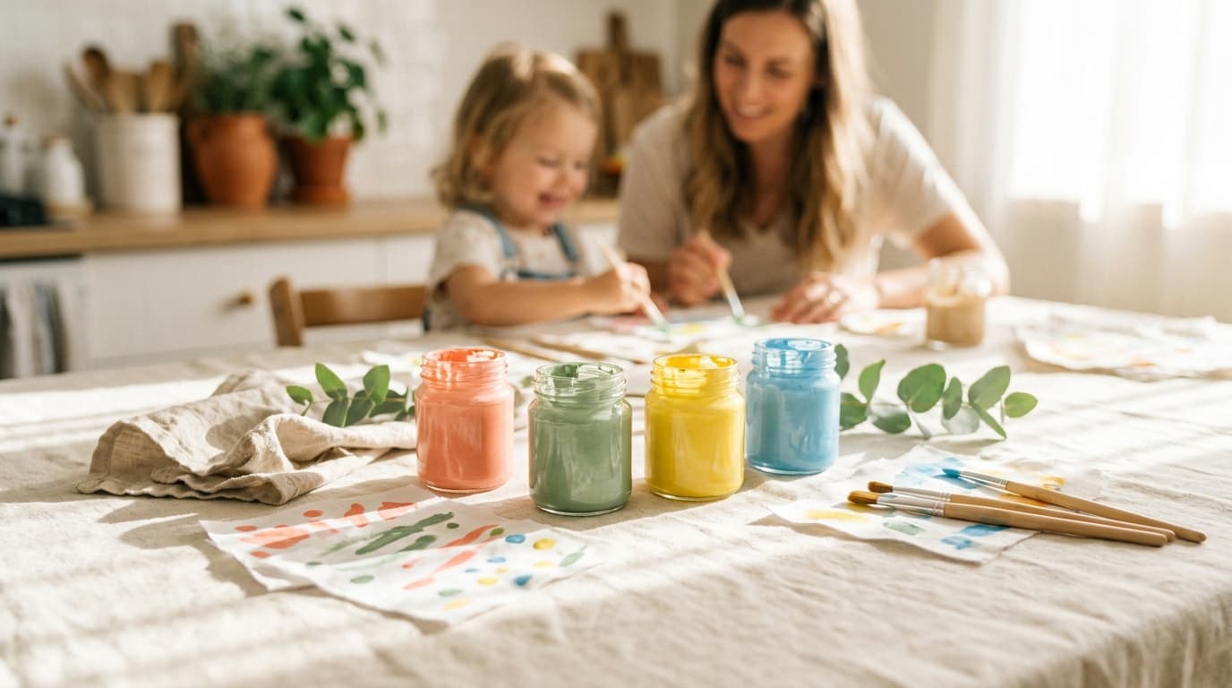Jars of coral, sage, yellow and blue fabric paint with painted cotton squares and wooden brushes