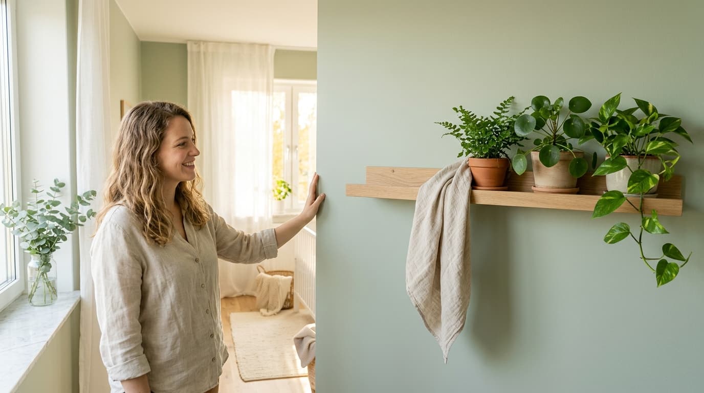 Nursery corner with a freshly painted sage green wall, potted plants and a linen swaddle on an oak shelf