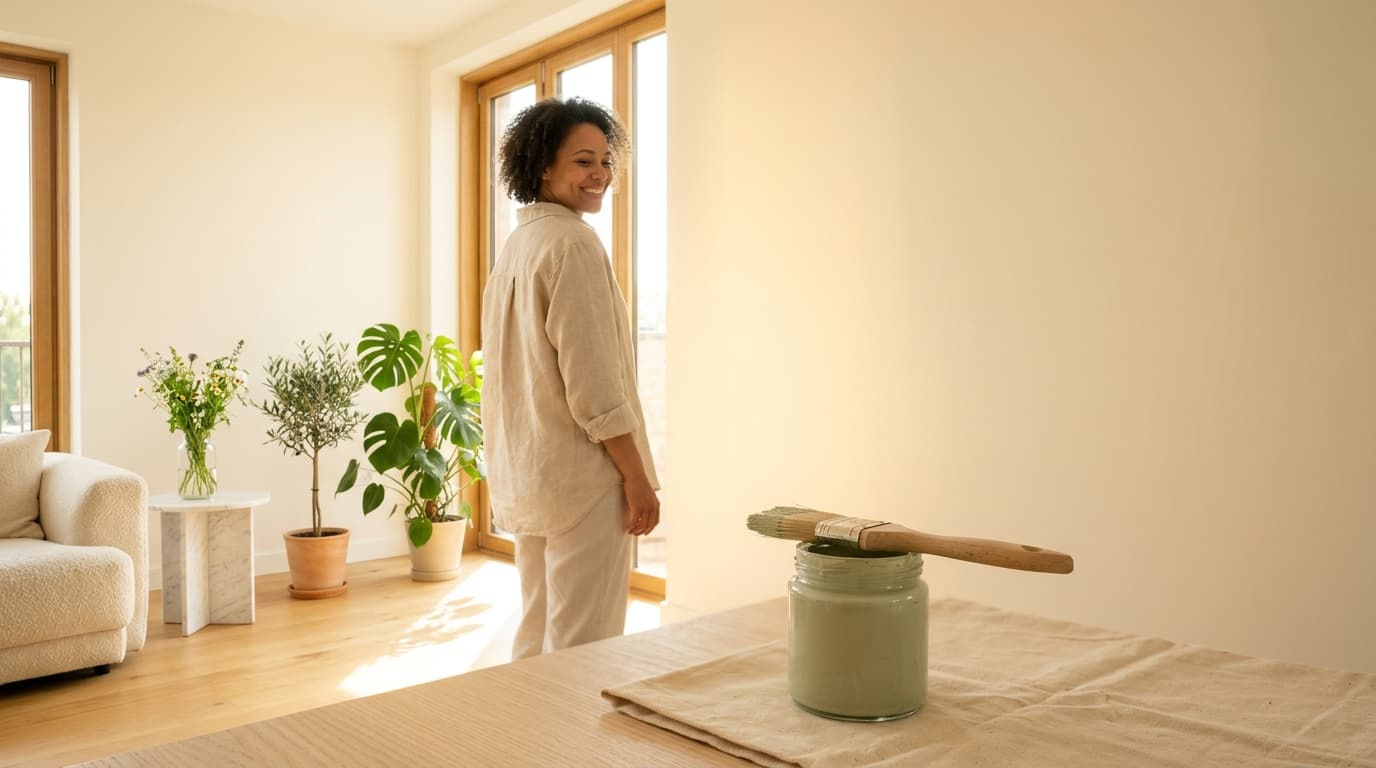 Freshly painted cream wall with a jar of sage green paint and a wooden brush on a drop cloth