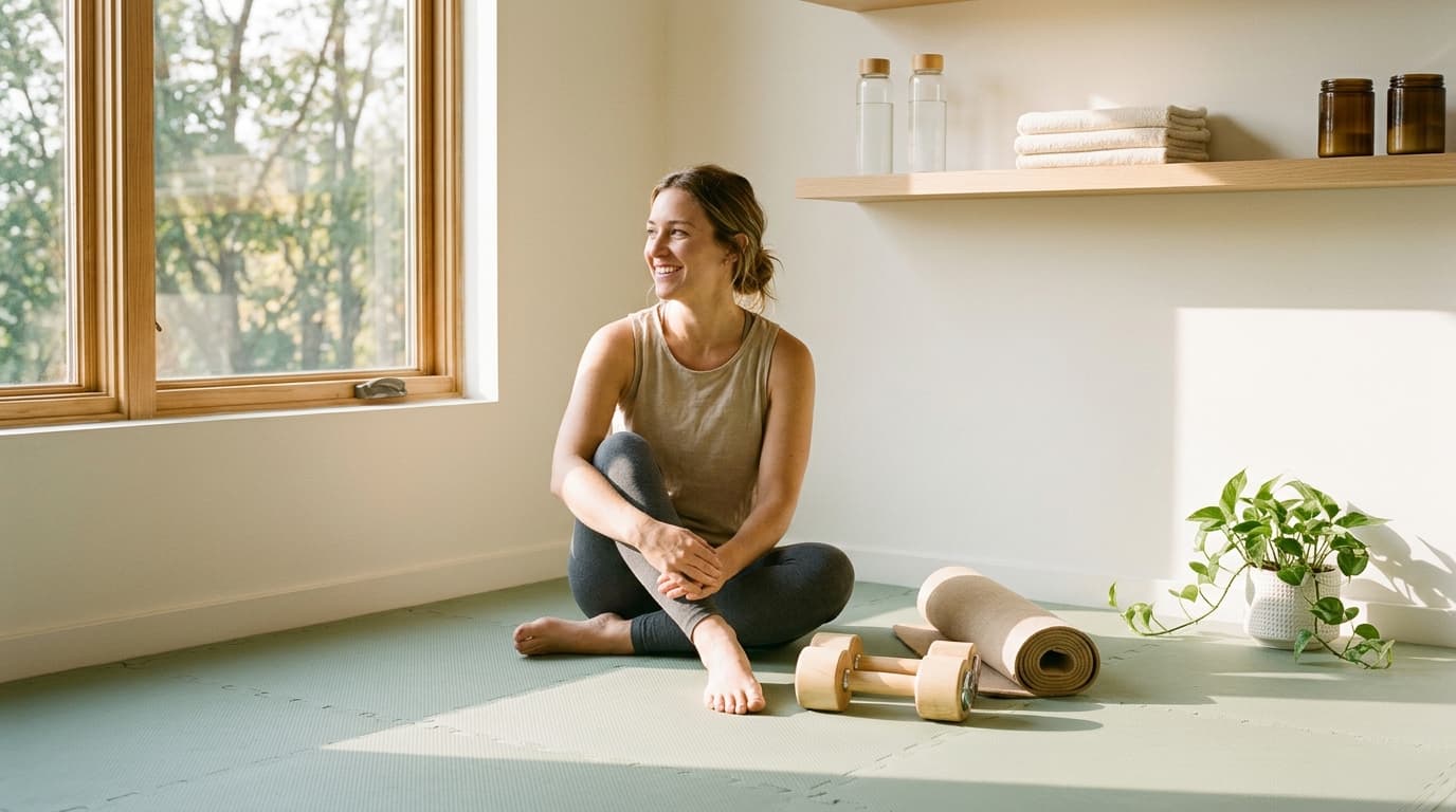 Home gym corner with sage green interlocking floor tiles, a rolled yoga mat and wooden dumbbells