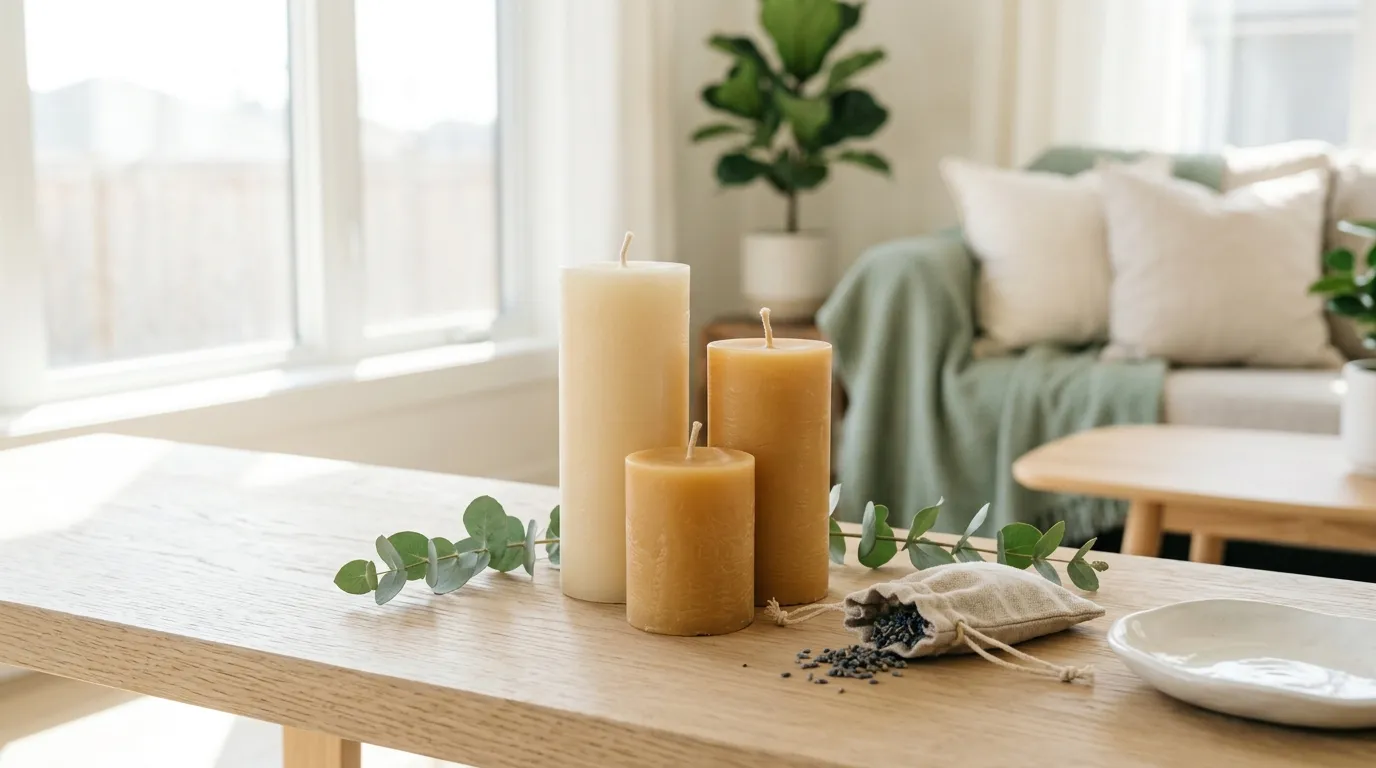 Three unscented beeswax pillar candles with eucalyptus and a linen pouch of dried lavender