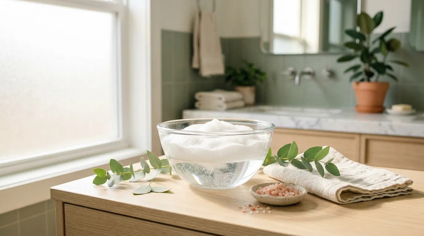 Glass bowl of white foamy lather beside eucalyptus, a dish of pink salt and a folded linen towel