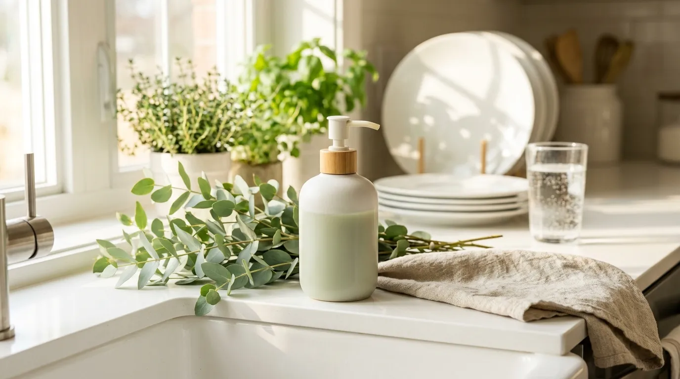White ceramic soap dispenser with sage-tinted dish soap on a kitchen sink edge beside eucalyptus and a linen towel
