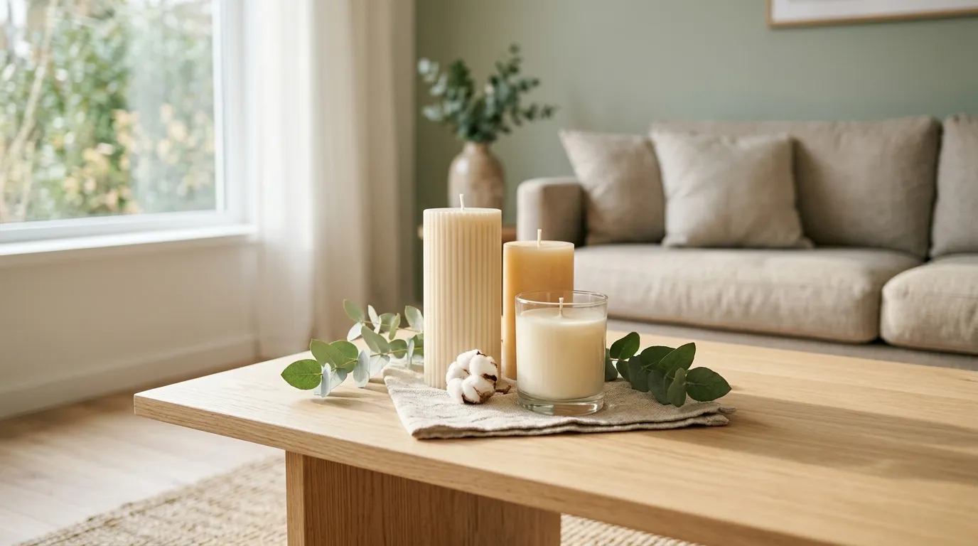 Three cream pillar and vessel candles on a pale wood surface with eucalyptus sprigs in a bright living room