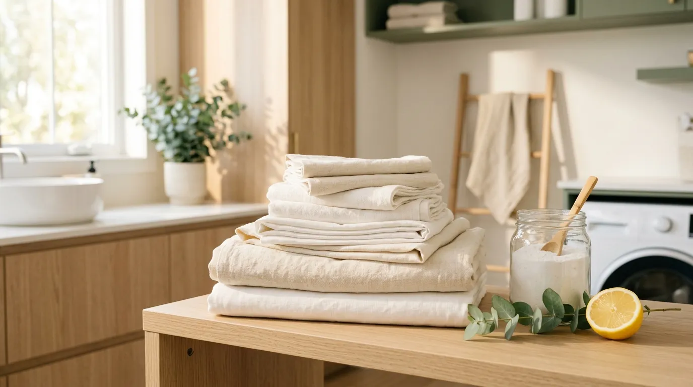 Folded cream and white linen towels beside a glass jar of laundry powder, eucalyptus and a halved lemon
