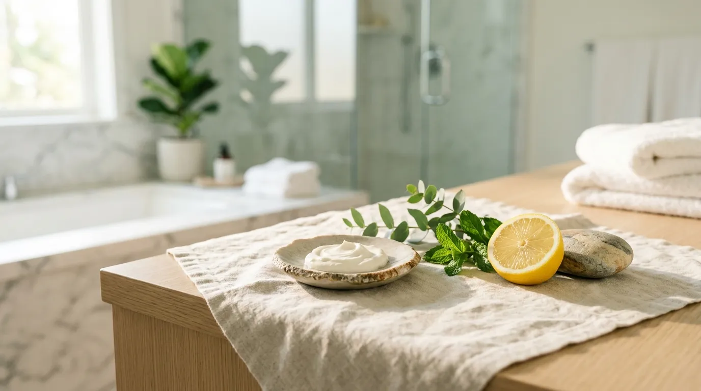 Stone dish with a dollop of white mineral sunscreen beside fresh herbs, a halved lemon and a river stone