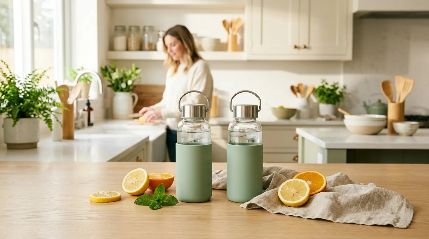 Two stainless steel and glass kids' water bottles with sage silicone sleeves on a wood kitchen counter
