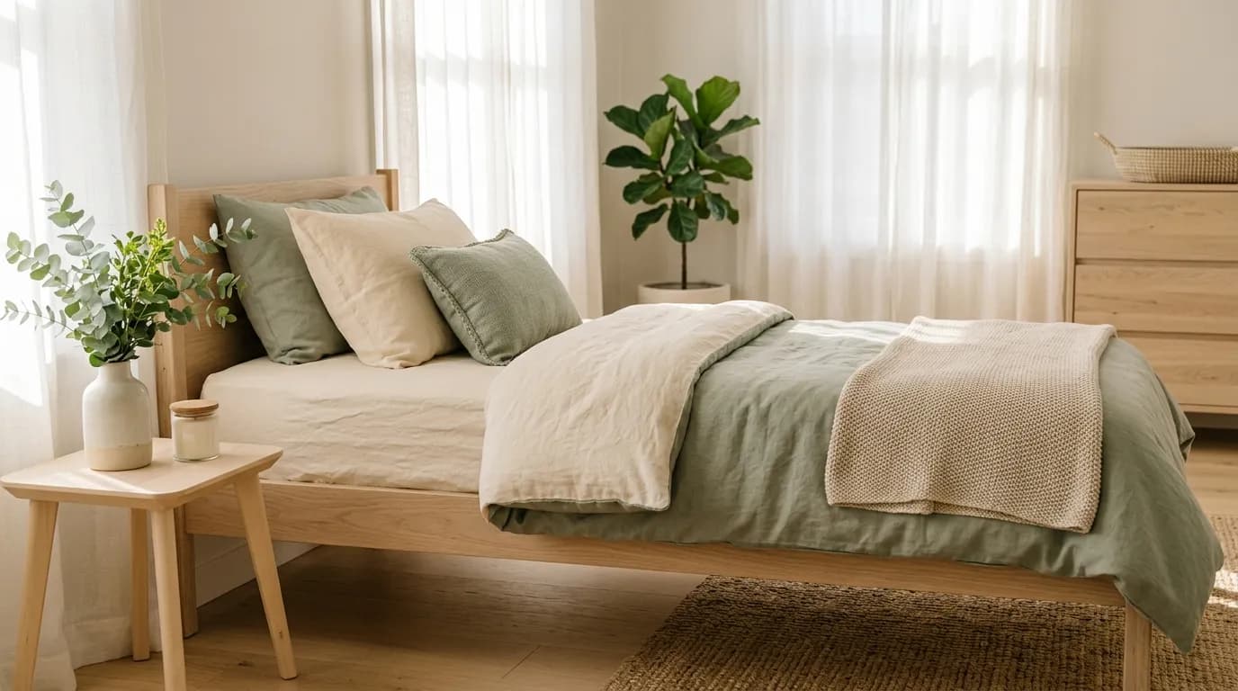 Child's bed made up with organic cotton bedding in cream and sage green in a bright kids' room