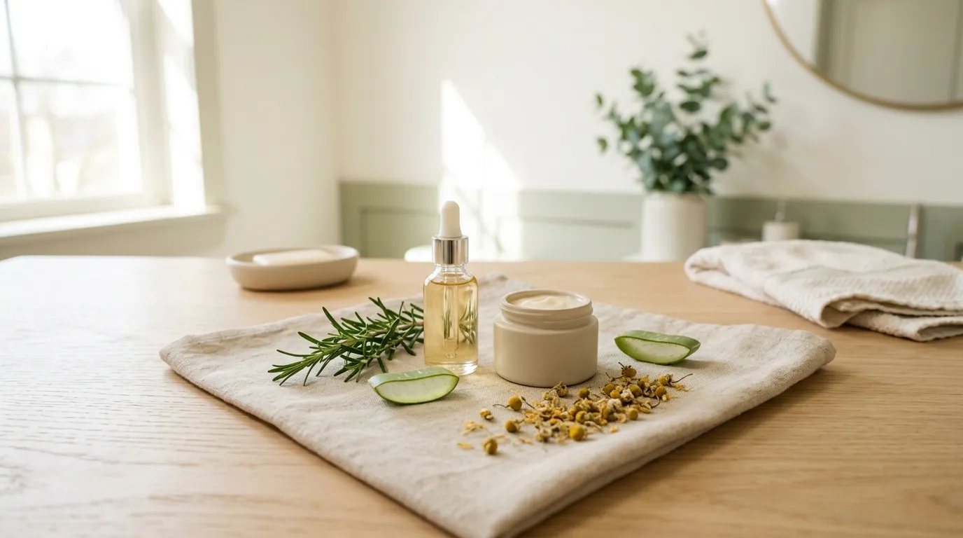 Glass and ceramic beauty jars with rosemary, aloe and dried chamomile flowers on a linen cloth
