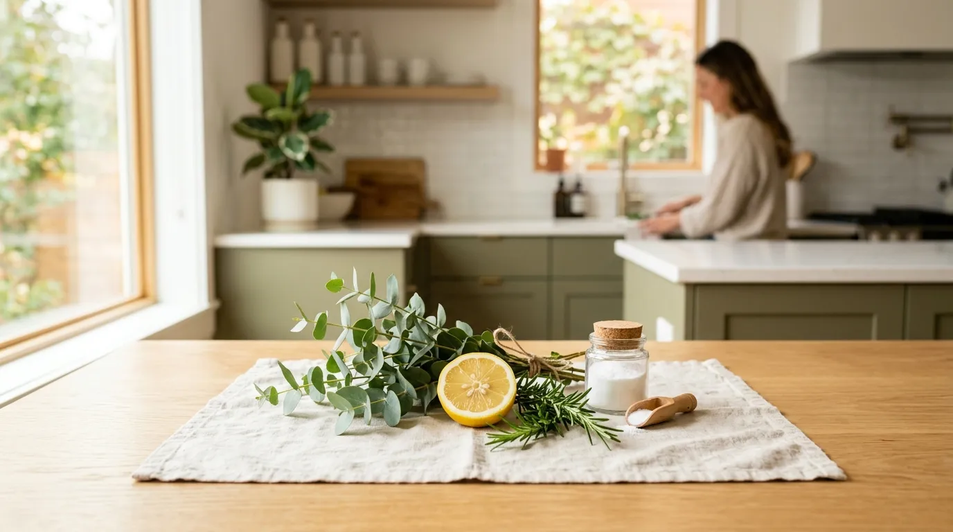 Natural cleaning ingredients: eucalyptus, a halved lemon, rosemary and a small jar of baking soda on linen