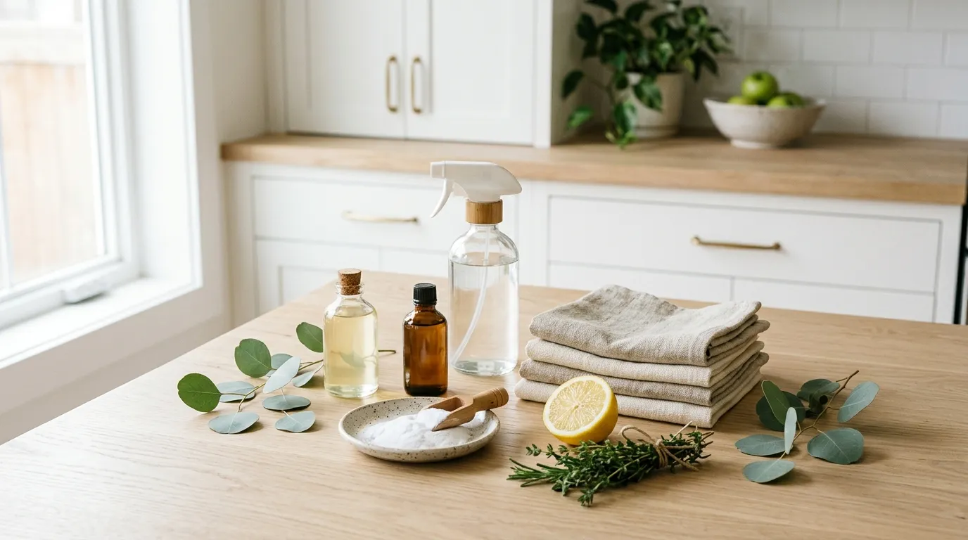 DIY non-toxic cleaning kit: glass spray bottles, undyed linen cloths and a dish of baking soda on a counter