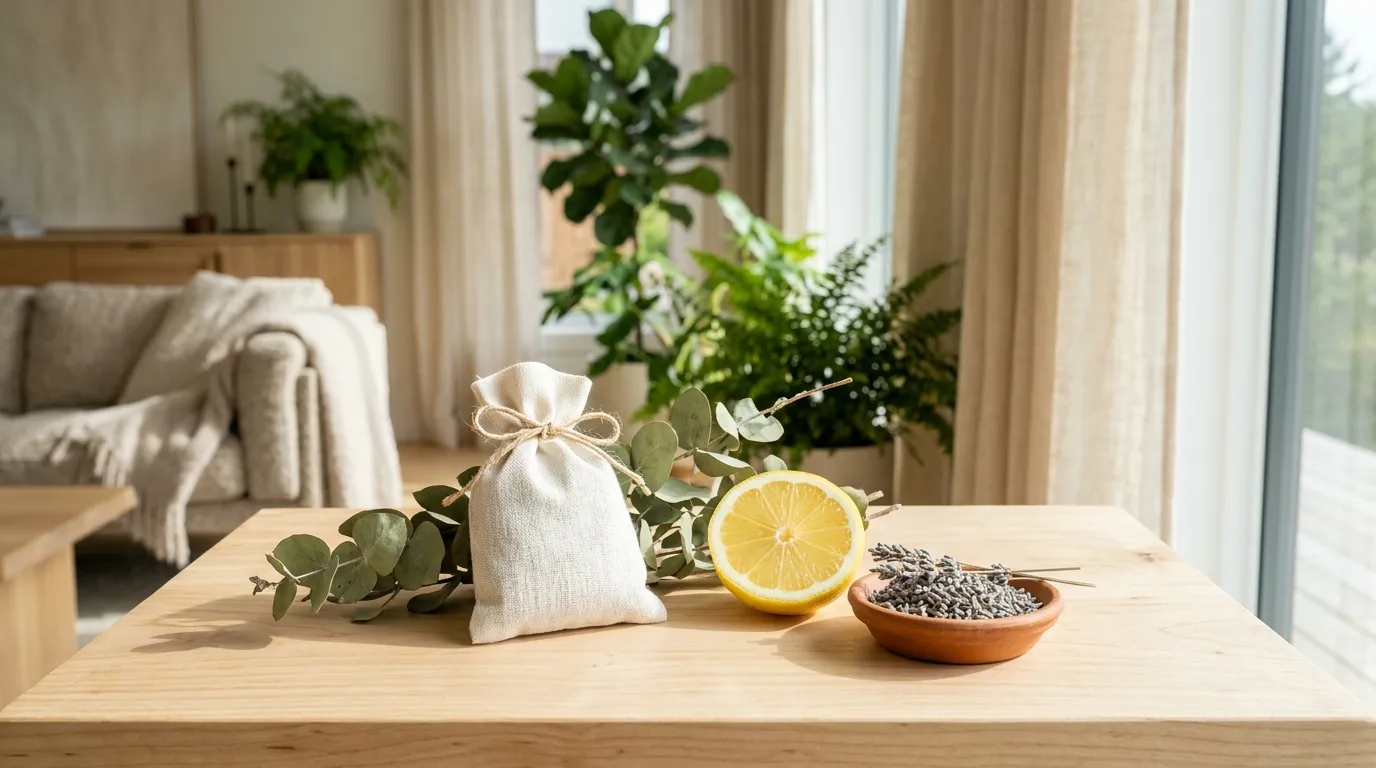 Natural air freshener ideas: a linen sachet, dried eucalyptus, sliced lemon and a dish of dried lavender
