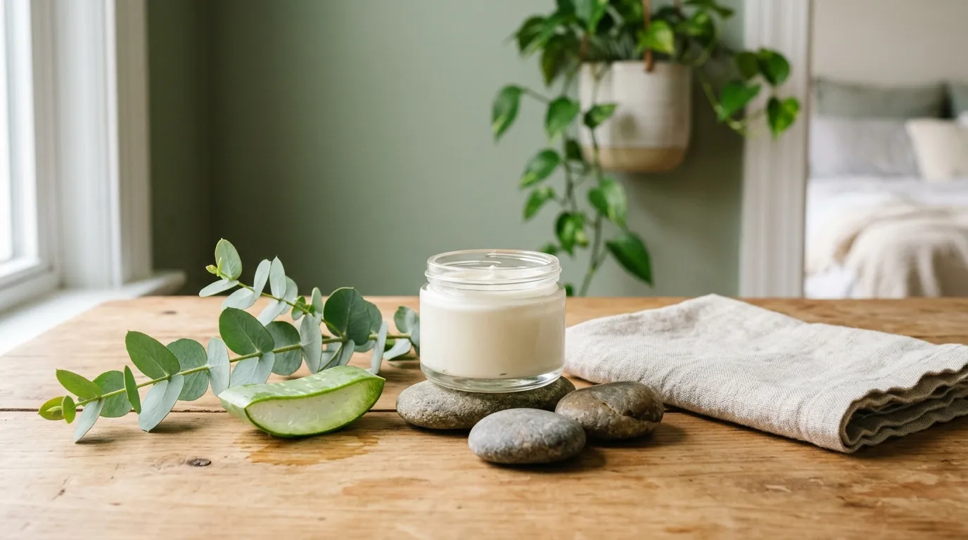 Natural skincare flat lay: a glass jar of cream, river stones, eucalyptus and a slice of aloe vera