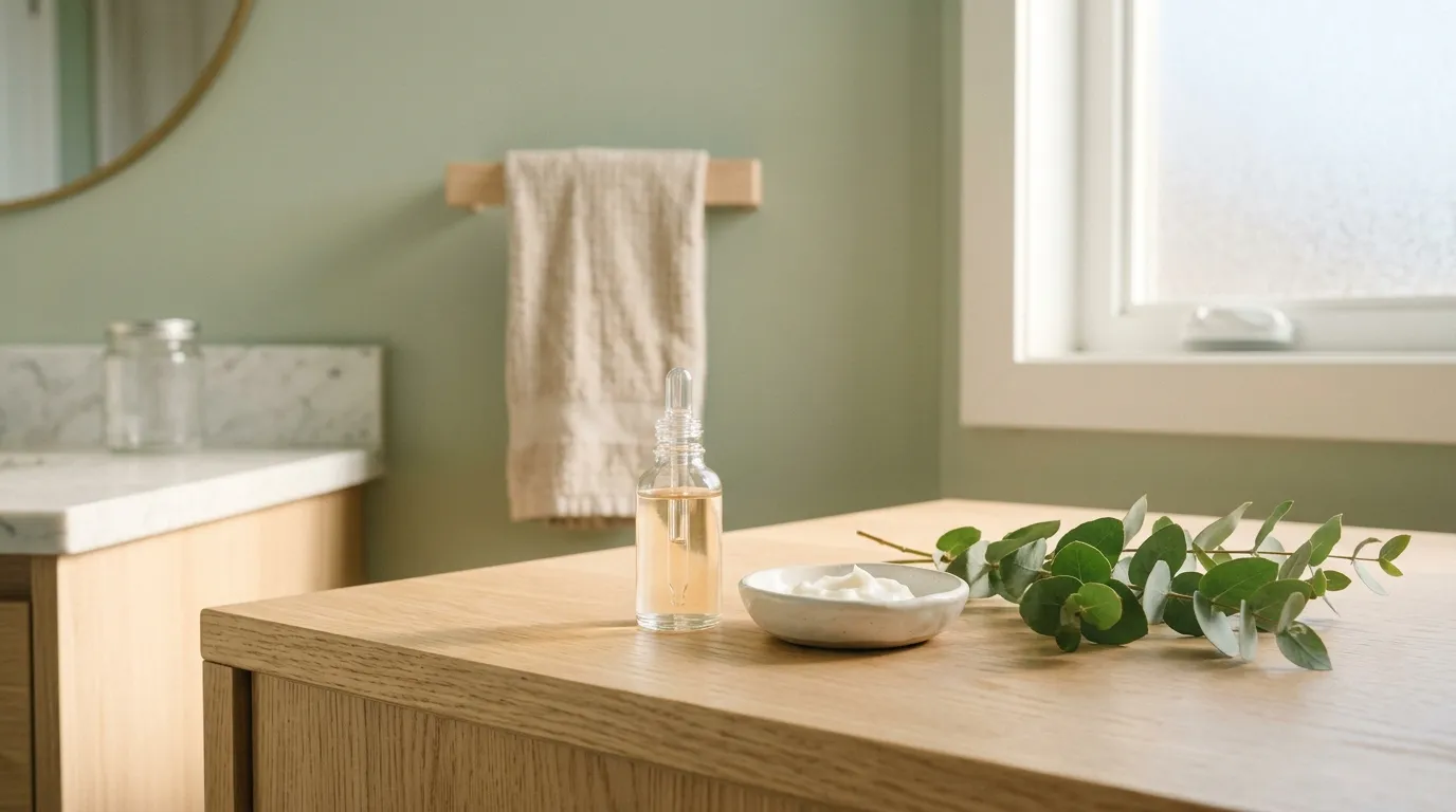 Glass dropper bottle of facial serum and a ceramic dish of cream on a wood vanity in a bright bathroom