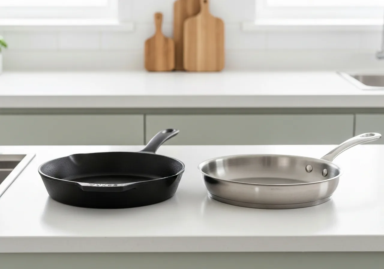 Cast iron skillet and stainless steel pan on a modern kitchen countertop as safer cookware alternatives
