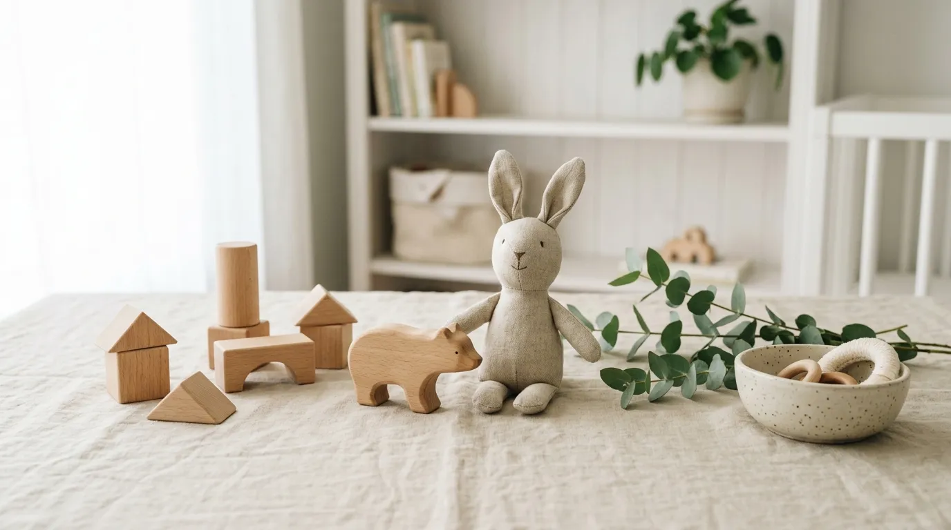 Child playing on a wooden floor with a mix of plastic and wooden toys scattered around