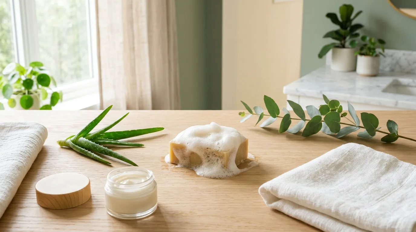 Close-up of two shampoo bottles on a bathroom shelf with the ingredient list in focus