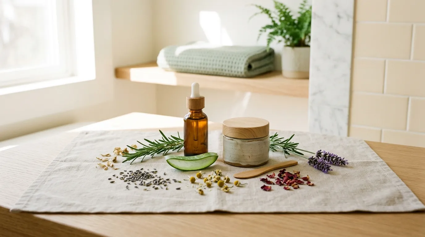 A row of personal care bottles labeled clean and natural on a bathroom shelf with the ingredient lists facing forward