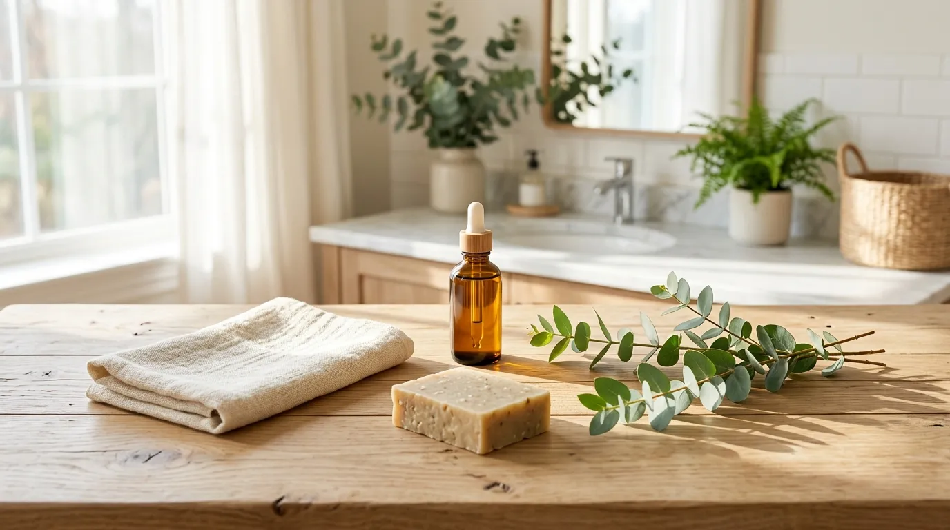 A bathroom shelf with a mix of nearly empty conventional bottles and a few new clean personal care products