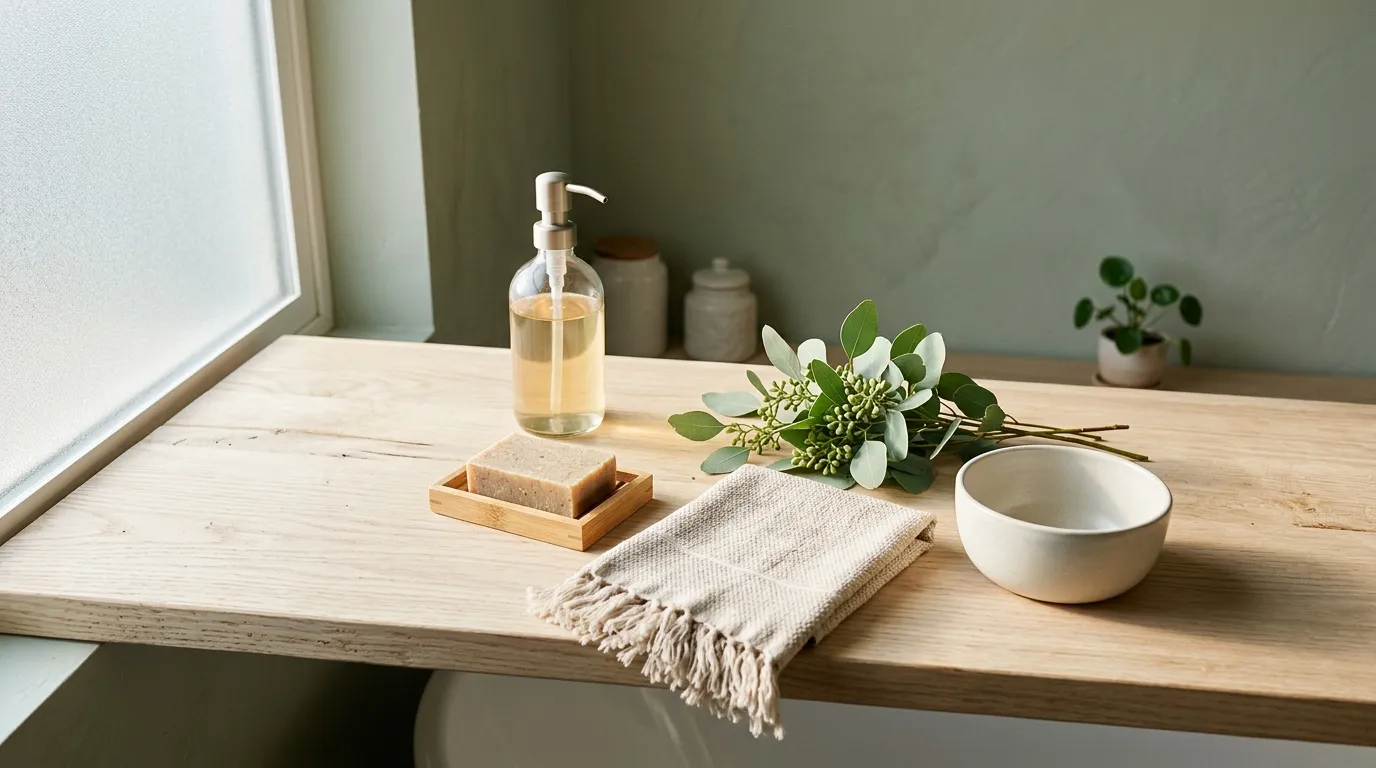 A bathroom shelf with glass jars of salve, a tube of natural toothpaste and a bar of soap