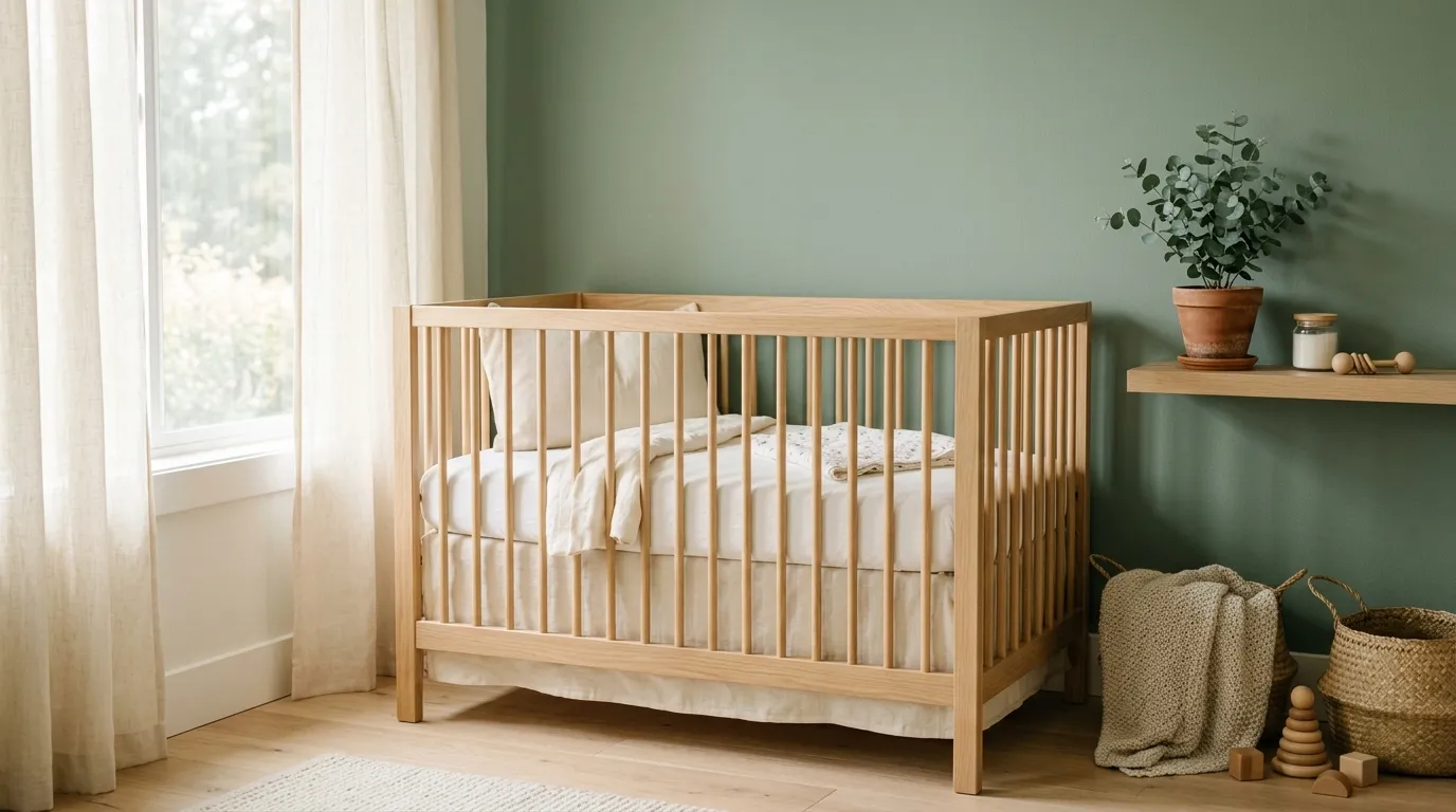 Organic cotton crib sheet and a neutral sleep sack folded on a wooden changing table